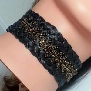 Ettika Black woven braided leather & rhinestone 1.5" WIDE Choker Necklace NWT